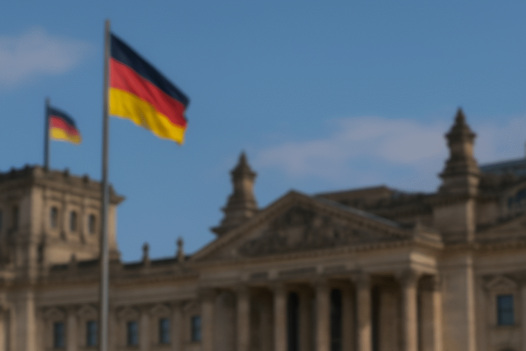 Foto desfocada do Reichstag em Berlim ao pôr do sol, simbolizando a vida na Alemanha.